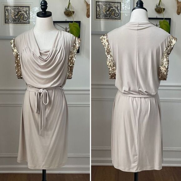 Calvin Klein Beige Cowl Neck Dress Champaign Sequin 12 - Picture 1 of 8